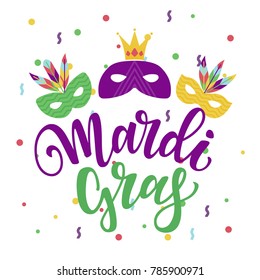 Vector illustration of masquerade and carnival masks and feathers. Mardi gras hand drawn lettering..