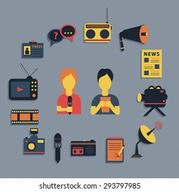 Vector illustration of Mass media journalism broadcasting news cast concept flat business icons set of paparazzi profession live radio for infographics design web elements