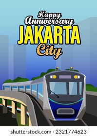 ilustración vectorial Tránsito rápido masivo Jakarta MRT gran tren rápido alta capacidad transporte público área urbana gente feliz aniversario