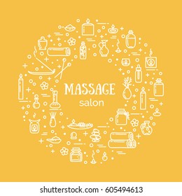 Vector illustration - Massage salon. Icons set and poster. EPS 10 Isolated objects