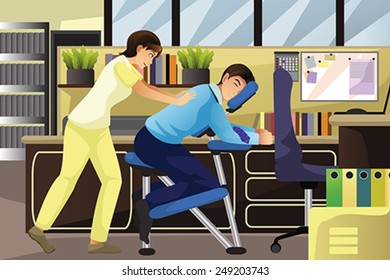 A vector illustration of massage therapist working on a client using a massage chair in an office