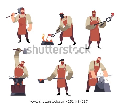 Vector illustration of master blacksmiths: a man in an apron, wielding an anvil, vise and hammer, masterfully engaged in metalworking and forging weapons.