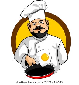 vector illustration of a masterchef frying an egg by throwing