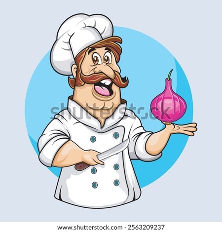 Vector illustration of a masterchef holding an onion, ready to cook with confidence. Suitable for culinary themes, ingredient illustrations, cooking shows, and kitchen content.
