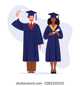 Vector illustration of masters boy and girl. Cartoon graduation scene students in academic clothes: robes and graduation cap with diplomas on white background. Prom.