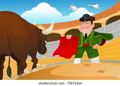 A vector illustration of a matador and a bull