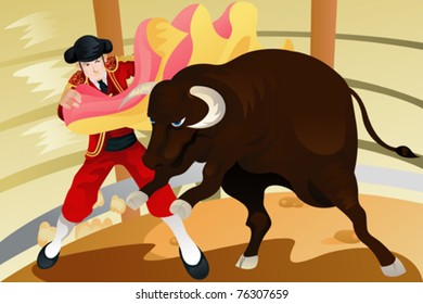 A vector illustration of a matador fighting a bull