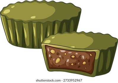 Vektorgrafik eines Matcha-Schokoladentartchens mit einem Querschnitt, der ein nussiges Zentrum aufzeigt