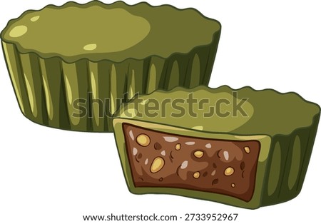 Vector illustration of a matcha chocolate tart with a cross-section revealing a nutty center