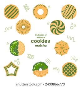 Vector illustration of matcha cookies, and green tea. Cartoon of delicious biscuits and crackers, sweets products. Sweets collection isolated on a white background.