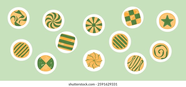 Vector illustration of matcha cookies, and green tea. Cartoon of delicious biscuits and crackers, sweets products. Sweets collection isolated on a white background.