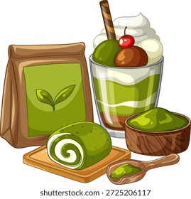 Vektorgrafik von Matcha-Desserts, einschließlich eines geschichteten Parfits, einer Schweizer Rolle und eines Teepulvers