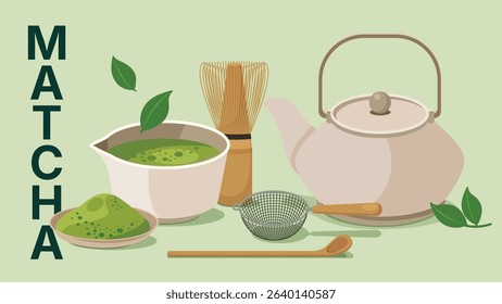 vector illustration of matcha and equipment, food and drink concept, poster and promotion
