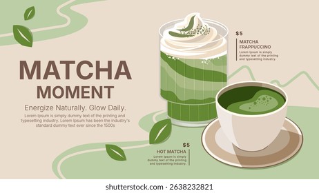 vector illustration of matcha frappe and hot matcha, cafe shop, background and banner template design, food and drink concept, poster and promotion