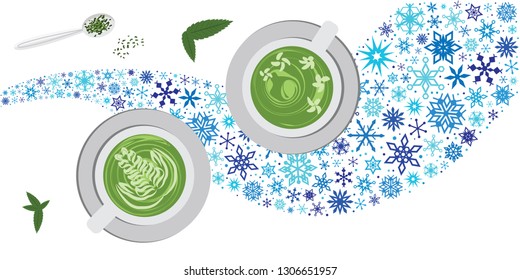 vector illustration for matcha green tea drink with snowflakes for cold brew concept
