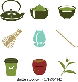 vector illustration matcha green tea utensil icons