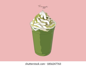 Ilustración vectorial de la Frappe de té verde Matcha en la Copa de Plástico con el corte de crema batida