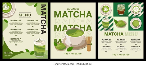 vector illustration of matcha green tea, cafe shop, background and banner template design, food and drink concept, poster and promotion
