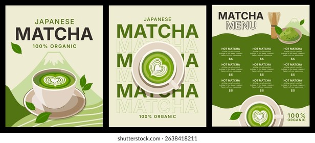 vector illustration of matcha green tea, cafe shop, background and banner template design, food and drink concept, poster and promotion