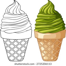 Ilustración vectorial de matcha té verde suave servir helado en línea de arte y color