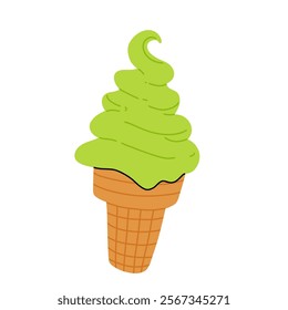 vector illustration of matcha ice cream. Set of ice cream on stick and waffle cone. Taiyaki with matcha flavored ice cream and strawberry. For menu design, food blogs, prints and postcards.