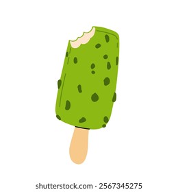 vector illustration of matcha ice cream. Set of ice cream on stick and waffle cone. Taiyaki with matcha flavored ice cream and strawberry. For menu design, food blogs, prints and postcards.