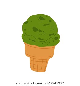 vector illustration of matcha ice cream. Set of ice cream on stick and waffle cone. Taiyaki with matcha flavored ice cream and strawberry. For menu design, food blogs, prints and postcards.