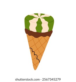 vector illustration of matcha ice cream. Set of ice cream on stick and waffle cone. Taiyaki with matcha flavored ice cream and strawberry. For menu design, food blogs, prints and postcards.