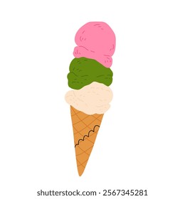 vector illustration of matcha ice cream. Set of ice cream on stick and waffle cone. Taiyaki with matcha flavored ice cream and strawberry. For menu design, food blogs, prints and postcards.