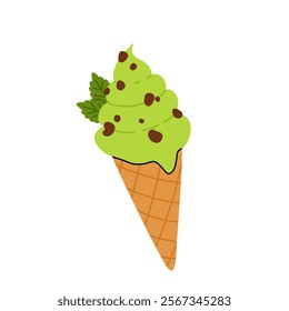 vector illustration of matcha ice cream. Set of ice cream on stick and waffle cone. Taiyaki with matcha flavored ice cream and strawberry. For menu design, food blogs, prints and postcards.