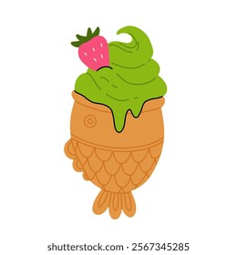 vector illustration of matcha ice cream. Set of ice cream on stick and waffle cone. Taiyaki with matcha flavored ice cream and strawberry. For menu design, food blogs, prints and postcards.