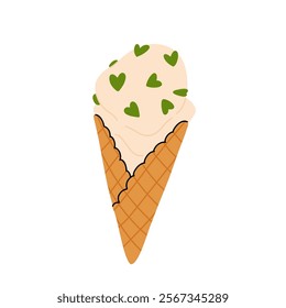 vector illustration of matcha ice cream. Set of ice cream on stick and waffle cone. Taiyaki with matcha flavored ice cream and strawberry. For menu design, food blogs, prints and postcards.