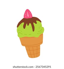 vector illustration of matcha ice cream. Set of ice cream on stick and waffle cone. Taiyaki with matcha flavored ice cream and strawberry. For menu design, food blogs, prints and postcards.