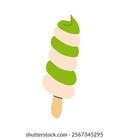 vector illustration of matcha ice cream. Set of ice cream on stick and waffle cone. Taiyaki with matcha flavored ice cream and strawberry. For menu design, food blogs, prints and postcards.