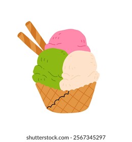 vector illustration of matcha ice cream. Set of ice cream on stick and waffle cone. Taiyaki with matcha flavored ice cream and strawberry. For menu design, food blogs, prints and postcards.