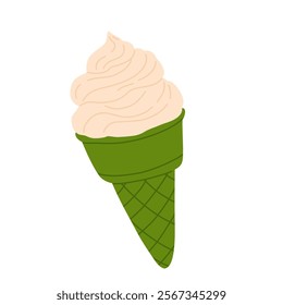 vector illustration of matcha ice cream. Set of ice cream on stick and waffle cone. Taiyaki with matcha flavored ice cream and strawberry. For menu design, food blogs, prints and postcards.