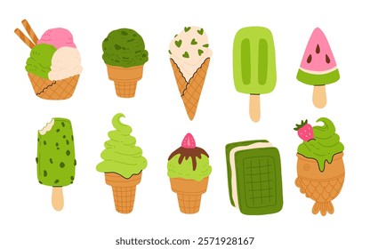 vector illustration of matcha ice cream. Set of ice cream on stick and waffle cone. Taiyaki with matcha flavored ice cream and strawberry. For menu design, food blogs, prints and postcards.