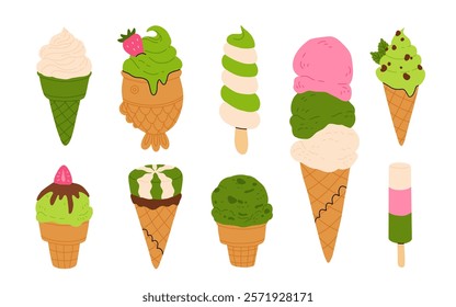 vector illustration of matcha ice cream. Set of ice cream on stick and waffle cone. Taiyaki with matcha flavored ice cream and strawberry. For menu design, food blogs, prints and postcards.