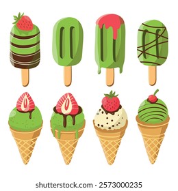 Vector illustration of matcha ice cream. Set of ice cream on a stick and waffle cone. Taiyaki with matcha ice cream and strawberry. For menu design, culinary blogs, printed publications and postcards.