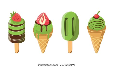 Vector illustration of matcha ice cream. Set of ice cream on a stick and waffle cone. Taiyaki with matcha ice cream and strawberry. For menu design, culinary blogs, printed publications and postcards.