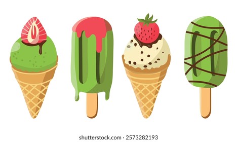 Vector illustration of matcha ice cream. Set of ice cream on a stick and waffle cone. Taiyaki with matcha ice cream and strawberry. For menu design, culinary blogs, printed publications and postcards.