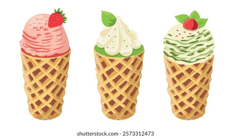 Vector illustration of matcha ice cream. Ice cream set in waffle cone. Taiyaki with matcha ice cream and strawberry. For menu design, culinary blogs, prints and cards.