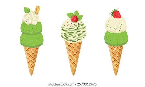 Vector illustration of matcha ice cream. Ice cream set in waffle cone. Taiyaki with matcha ice cream and strawberry. For menu design, culinary blogs, prints and cards.