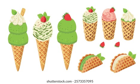 Vector illustration of matcha ice cream. Set of ice cream on a stick and waffle cone. Taiyaki with matcha ice cream and strawberry. For menu design, culinary blogs, printed publications and postcards.