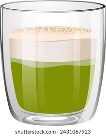Vector illustration of a matcha latte in a clear glass.