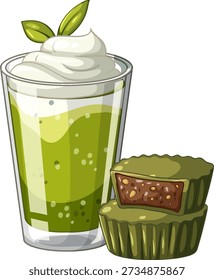 Ilustração vetorial de um matcha latte com chantilly ao lado de duas tortas verdes cheias de chocolate