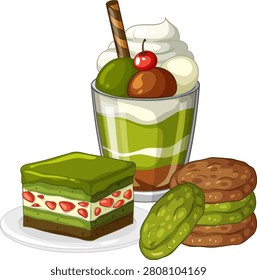 Vector illustration of matcha parfait, strawberry layer cake, and cream filled cookies on white background