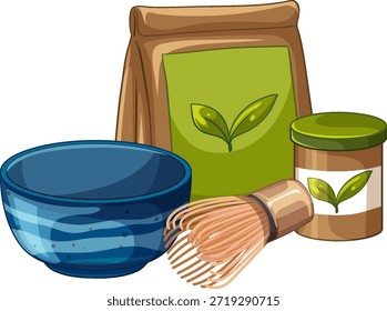 Vector illustration of matcha powder packaging, bamboo whisk, and blue ceramic bowl on white background