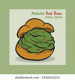 Vector illustration of matcha red bean Choux Cream on background. Hand draw cream puff with brush line. Graphic for banner, poster, logo, template, canvas, phone case, menu, childish.