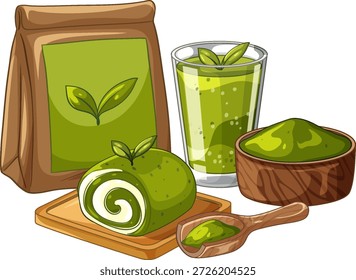 Vektorgrafik von Matcha-Schweizer-Rolle, grünem Teegetränk und Pulver auf weißem Hintergrund